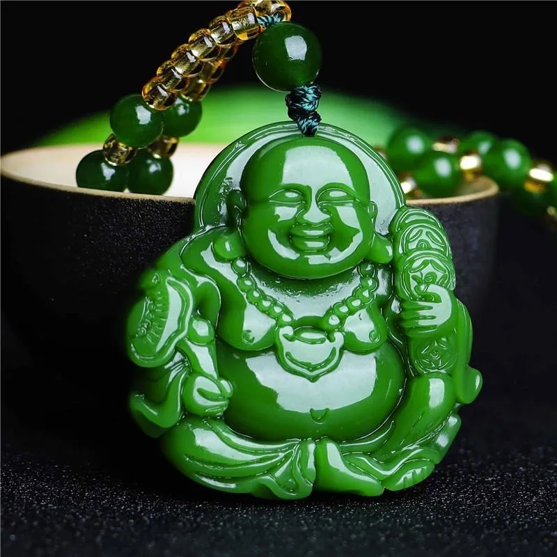Necklaces - Cina Green Jade Maitreya Buddha Liontin