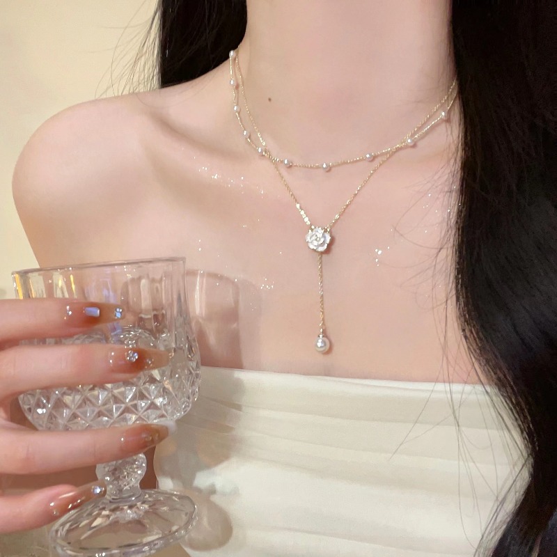 Kalung Liontin Bunga Camellia  - Layered Pendant Necklace Aesthetic ulasan dan harga